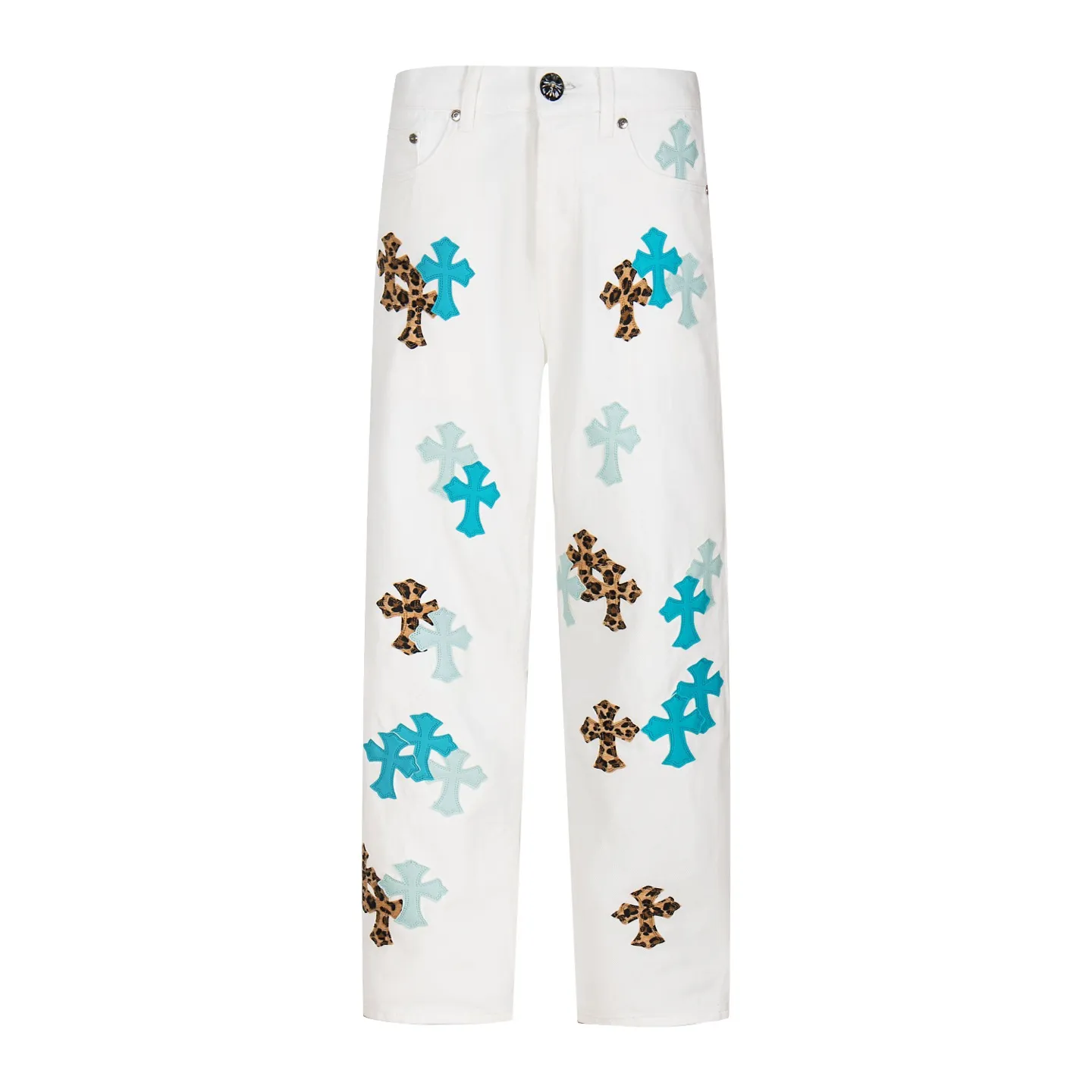 P260 Chrome Hearts 25SS white pants with three-color leopard print blue leather jeans. Chrome Hearts' pants with the most popular colors are made of beaded canvas fabric. Heavy washing makes the upper body of the fabric more textured and the pants are tall and straight! The three-dimensional cutting of the whole trousers is a masterpiece! The hardware is customized by zp. The beaded canvas fabric is thick and soft after being washed. It has good breathability. Customized small leather label. Unique design. The details are simple and elegant, and the workmanship is exquisite. The whole trousers are neatly routed and the details are in place! It’s so cool that both men and women can easily control the genderless trend! Style number: 1771# Color: White Size: 28 30 32 34 36